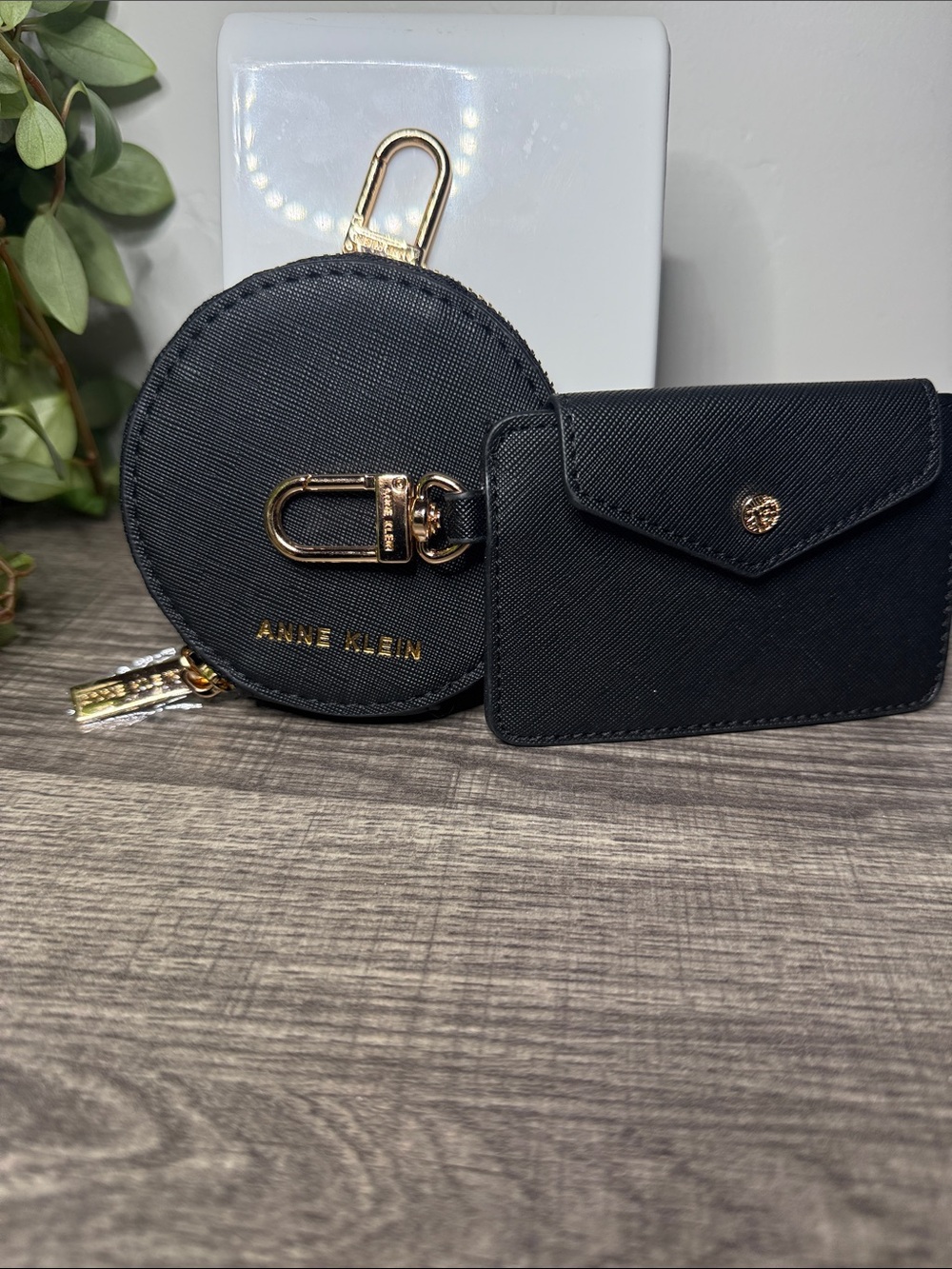 Anne Klein Black Coin Pouch + Card Holder Set Gold Hardware